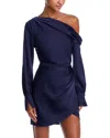 Simkhai Cameron One-shoulder Wrap-skirt Satin Mini Dress In Midnight