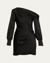 Simkhai Cameron One-shoulder Wrap-skirt Satin Mini Dress In Black