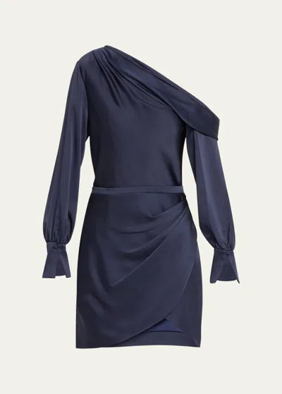 Simkhai Cameron One-shoulder Wrap-skirt Satin Mini Dress In Midnight