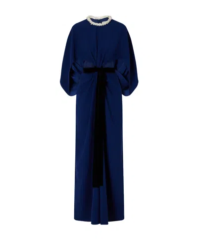 Simkhai Annette Cape-effect Bead-embellished Gathered Velvet-trimmed Crepe Gown In Blue