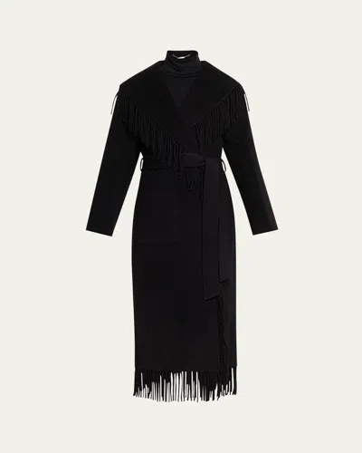 Simkhai Carrie Belted Fringe Robe Coat In Black