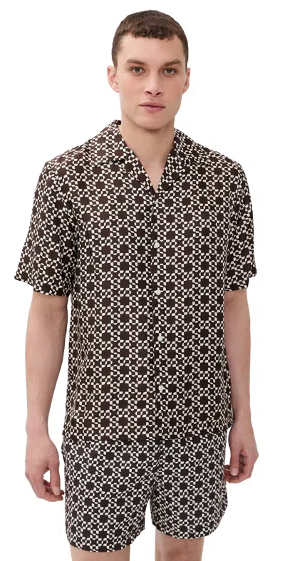 Simkhai Casper Printed Silk Shirt Chocolate Ivory In Gray