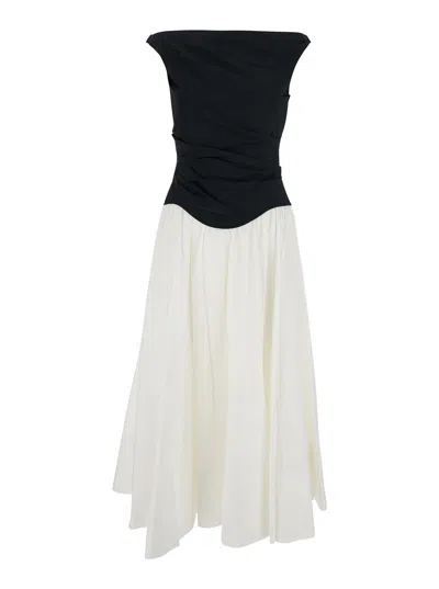 Simkhai Cersei Black And White Off-shoulder Midi Dress With Flared Skirt In Cotton Blend Woman In Multicolor