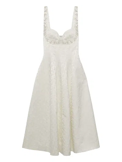 Simkhai Charlotte Embellished Pleated Satin-jacquard Midi Dress In White