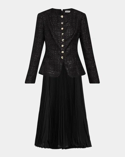 Simkhai Claudina Layered Pleated Tweed And Organza Maxi Dress In Black