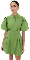 Simkhai Cleo Puff Sleeve Pleated Mini Dress In Deep Peridot
