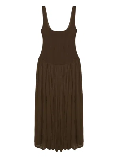 Simkhai Corset-bodice Pleated Midi Day Dress In Brown