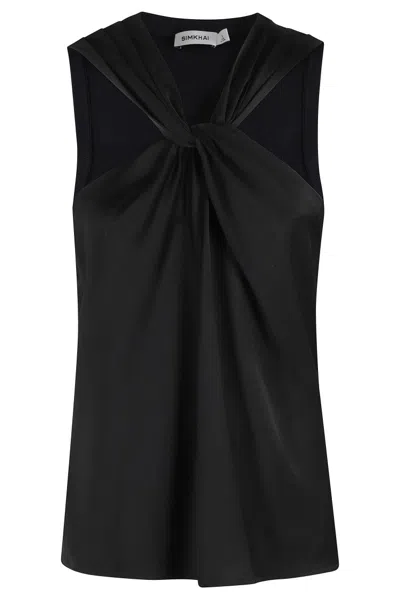 SIMKHAI CROSSOVER NECKLINE SATIN-FINISH TOP WITH TEXTURED KNIT BACK
