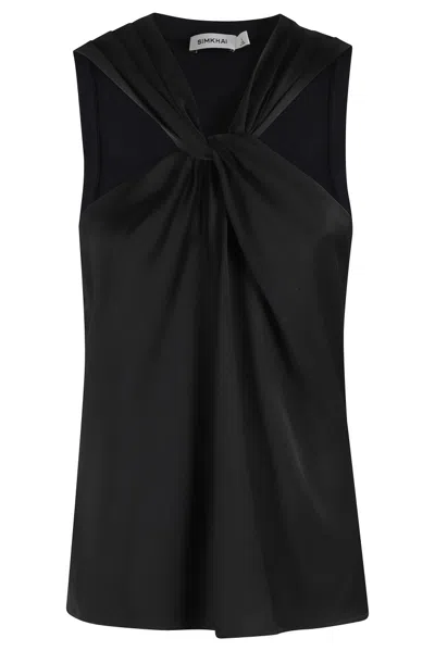 Simkhai Crossover Neckline Satin-finish Top With Textured Knit Back In Black