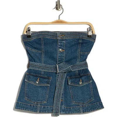 Simkhai Cyan Belted Strapless Denim Bustier Top In Blue