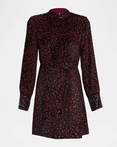 Simkhai Daphne Printed Long-sleeve Mini Dress In Burgundy