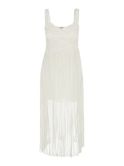 SIMKHAI DARBY WHITE MIDI DRESS WITH FRINGED HEM AND ALL-OVER SOUTACHE EMBROIDERY IN ACETATE BLEND WOMAN
