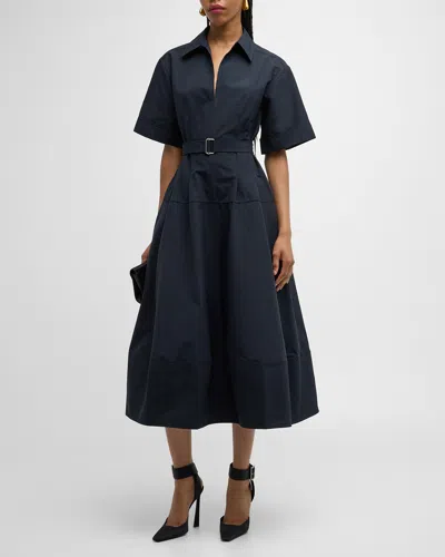 Simkhai Deanna Belted Poplin Short-sleeve Midi Shirtdress In Midnight