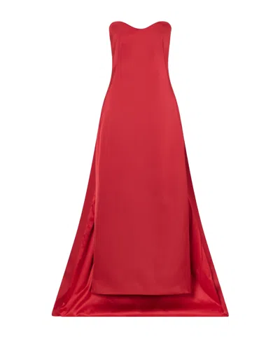 Simkhai Dinah Cape-effect Strapless Satin Gown In Red