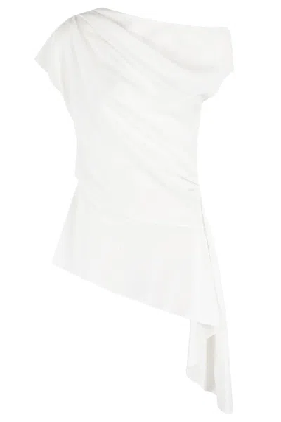 SIMKHAI DRAPED CREPE TOP WITH ASYMMETRICAL NECKLINE