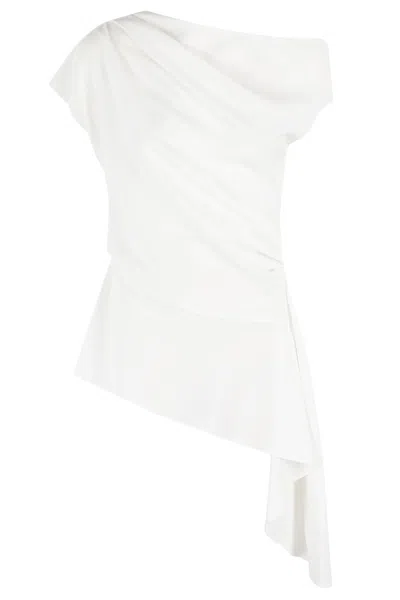 Simkhai Draped Crepe Top With Asymmetrical Neckline In White
