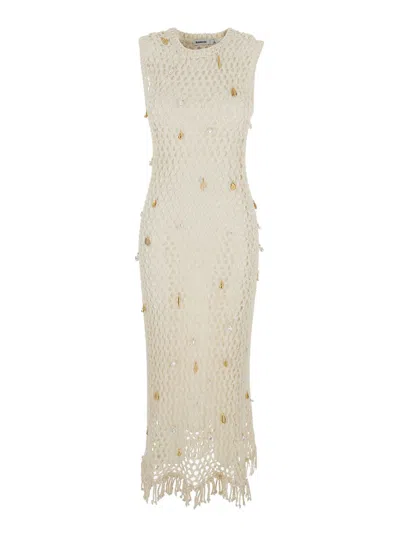 Simkhai Dress Midi Coralia Knit Charmed White With Cotton And Nylon Mesh Details For Women In Green