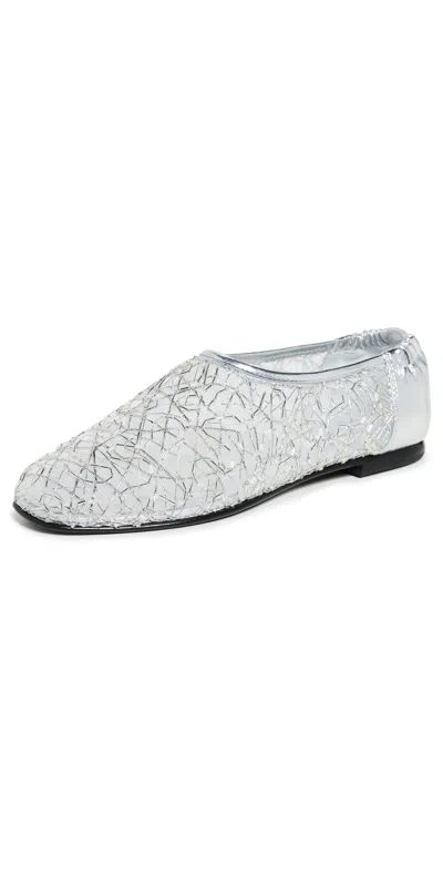 SIMKHAI EDEN METALLIC LACE BALLET FLATS SILVER