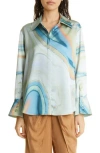 Simkhai Elika Marble Print Satin Button-up Shirt In Laguna Marble Print