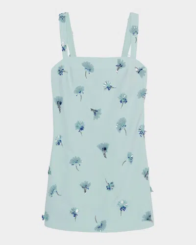 Simkhai Ella Floral Beaded Square-neck Mini Shift Dress In Sky