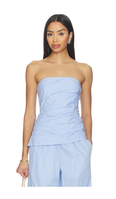 Simkhai Emerson Strapless Ruched Pinstriped Cotton-poplin Bustier Top In Blue