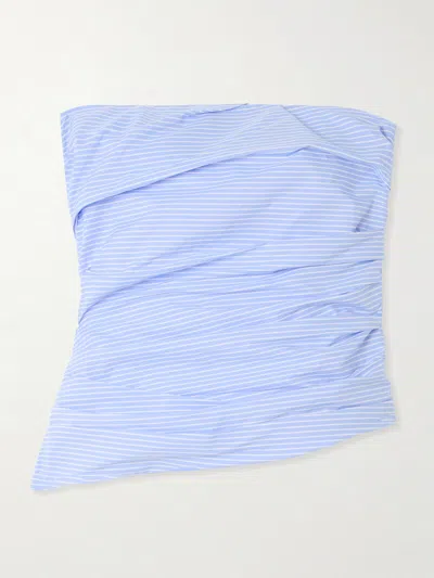 Simkhai Emerson Strapless Ruched Pinstriped Cotton-poplin Bustier Top In Blue