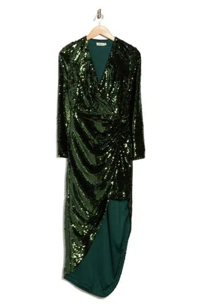 Simkhai Emersyn Long Sleeve Sequin Faux Wrap Midi Dress In Green