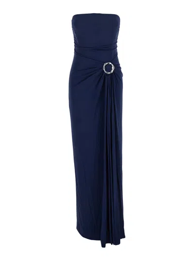 SIMKHAI EMMA BLUE STRAPLESS LONG DRESS WITH RING EMBELLISHMENT IN TECH FABRIC STRETCH WOMAN