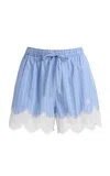 Simkhai Emmie Lace-trimmed Striped Cotton Shorts In Blue