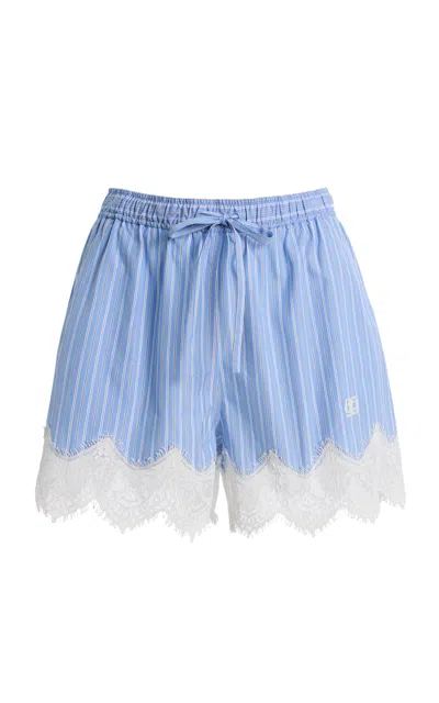 Simkhai Emmie Lace-trimmed Striped Cotton Shorts In Blue