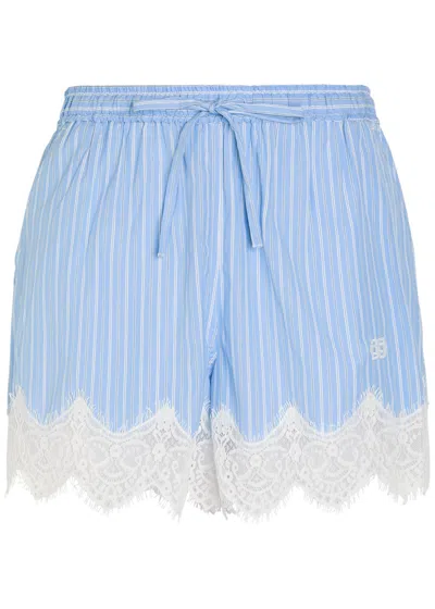 Simkhai Emmie Striped Lace-trim Cotton-poplin Shorts In Blue