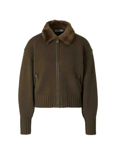 Simkhai Faux-fur Collar Zip-up Cardigan In Brown