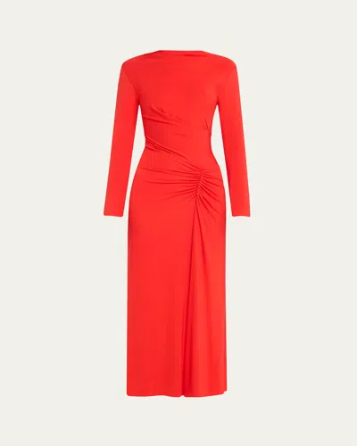 Simkhai Ferrera Ruched Long-sleeve Midi Dress In Fiery Red