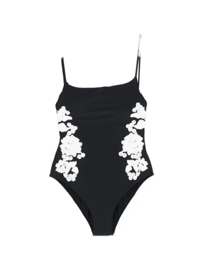 Simkhai Floral-embroidered Swimsuit In Black