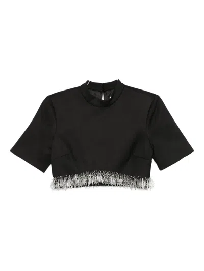 Simkhai Fringe-trimmed Short-sleeve Top In Black