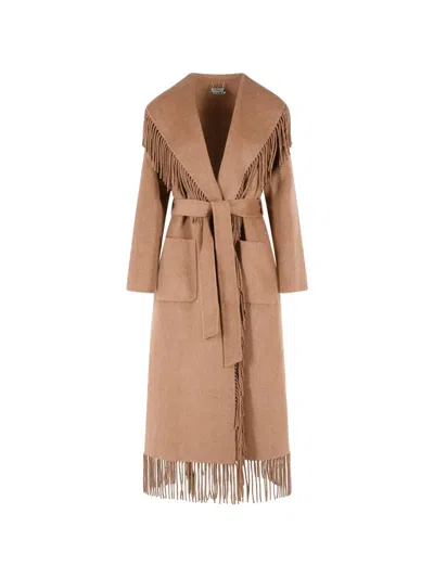 Simkhai Camel Beige Wool Blend Coat With Fringed Details In Nude