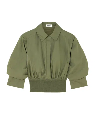 Simkhai Stiles Cropped Gathered Ribbed-knit Trimmed Cotton-poplin Shirt In Green