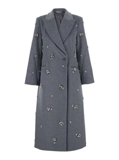SIMKHAI 'GIANNI' GREY COAT WITH CLASSIC LAPELS AND RHINESTONE DETAILS IN WOOL BLEND WOMAN