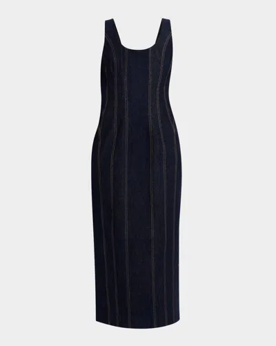 Simkhai Hallie Sleeveless Topstitched Denim Midi Dress In Black