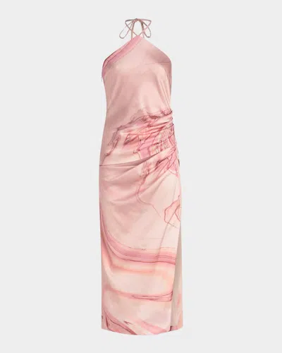Simkhai Hansel Oil Spill-print Satin Halter Midi Dress In Pink