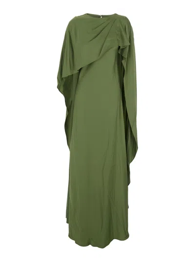 SIMKHAI IZEL GREEN LONG DRESS WITH CAPE DETAIL AND ASYMMETRIC HEM IN TECH FABRIC WOMAN