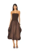 Simkhai Izzy Strapless Taffeta Midi Dress In Brown