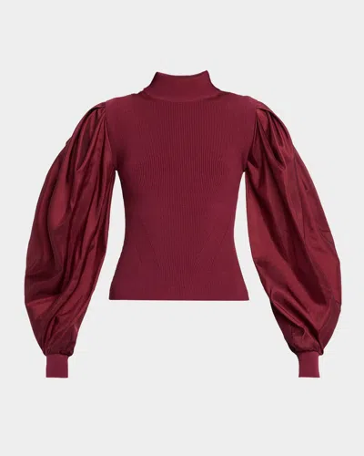 Simkhai Jackie Ribbed Taffeta-sleeve Top In Red