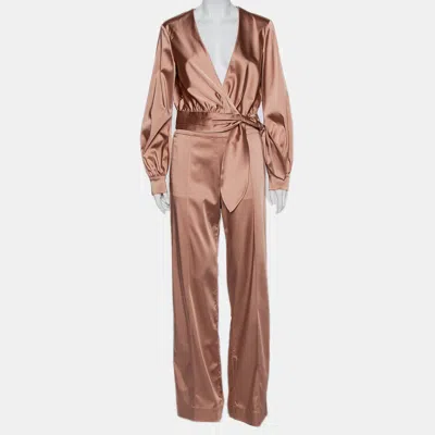 Simkhai Jonathan  Salmon Pink Crepe Satin Wrap Crop Top & Wide Leg Track Pants Set