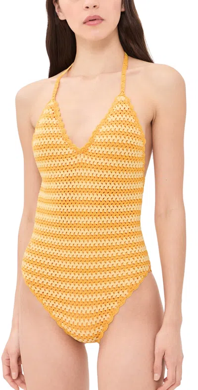 Simkhai Karoline Crochet Halter One Piece Mango Multi In Brown