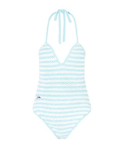 Simkhai Karoline Striped Crocheted Swimsuit In Blue