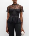 SIMKHAI KEHLANI SHEER LACE SHORT-SLEEVE PEPLUM BUSTIER TOP