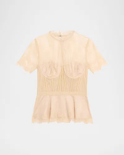 Simkhai Kehlani Sheer Lace Short-sleeve Peplum Bustier Top In Black