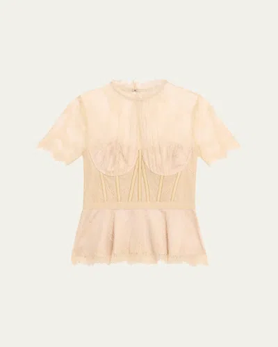 SIMKHAI KEHLANI SHEER LACE SHORT-SLEEVE PEPLUM BUSTIER TOP