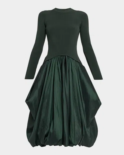 SIMKHAI KENLIE PLEATED MIXED MEDIA MIDI DRESS